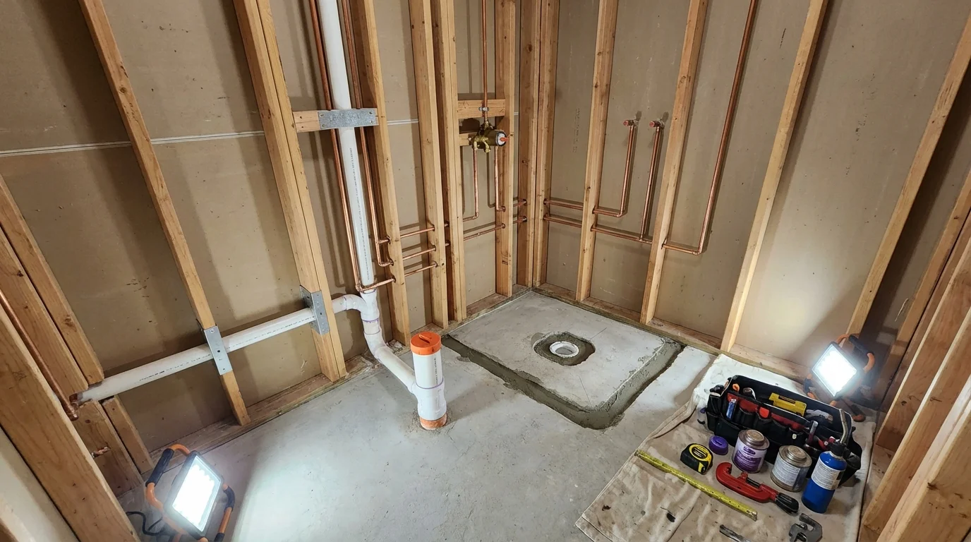 Bathroom rough-in plumbing during remodel by Johns Plumbing LLC in Sylva
