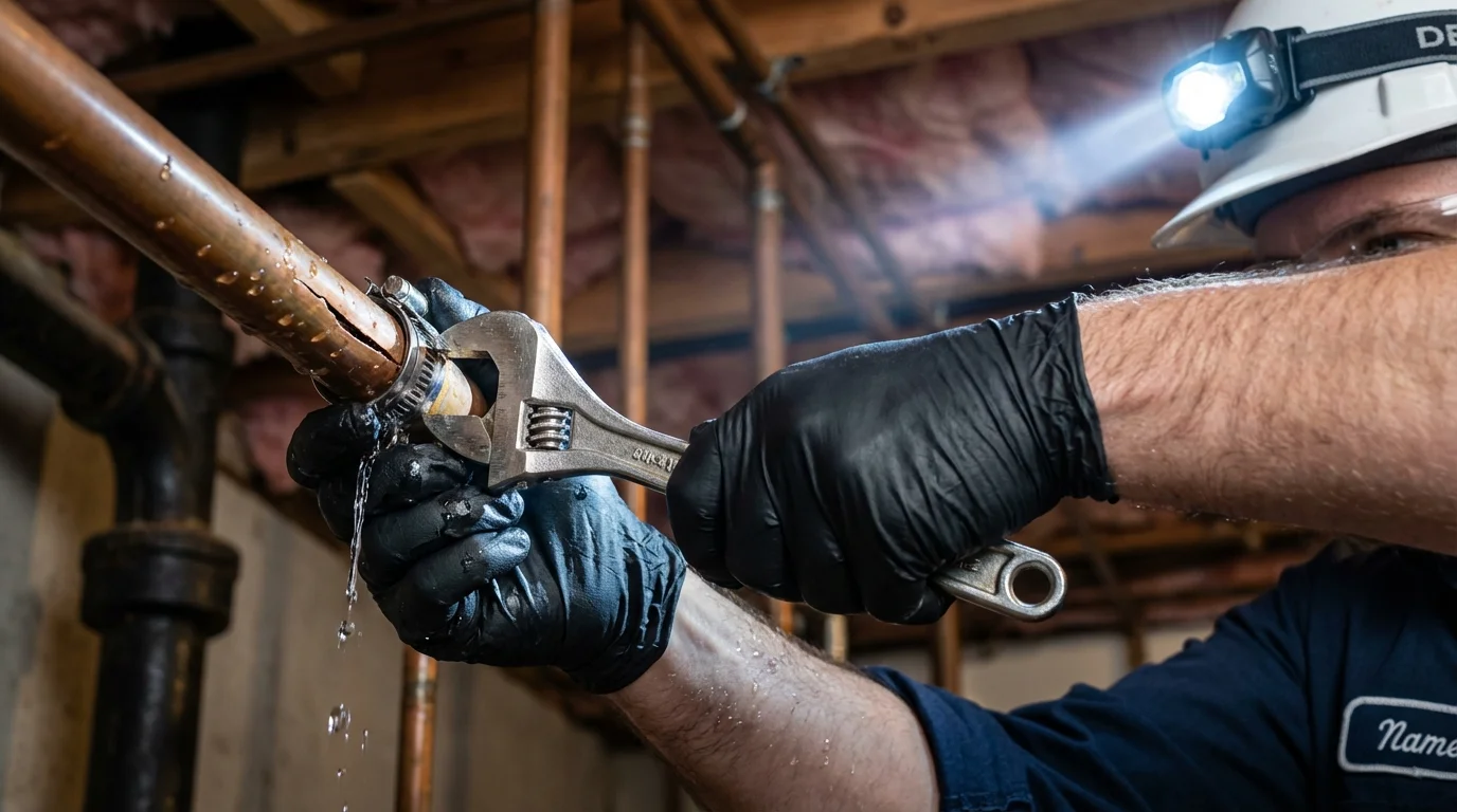 Emergency pipe clamp repair being performed by a Johns Plumbing LLC plumber in Sylva