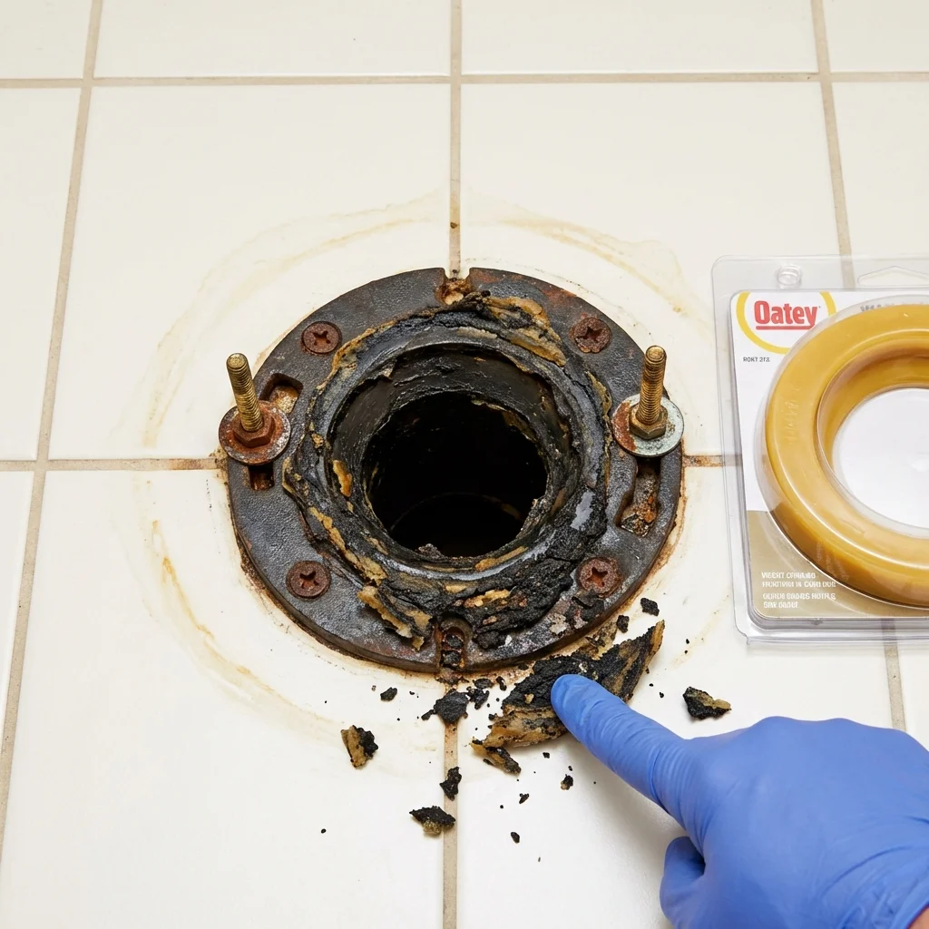 Failed wax ring showing water seepage at the base of a toilet in a Sylva, NC home