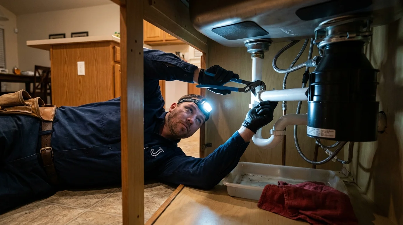 P-trap and supply line connections under a kitchen sink showing a common leak point in Sylva, NC